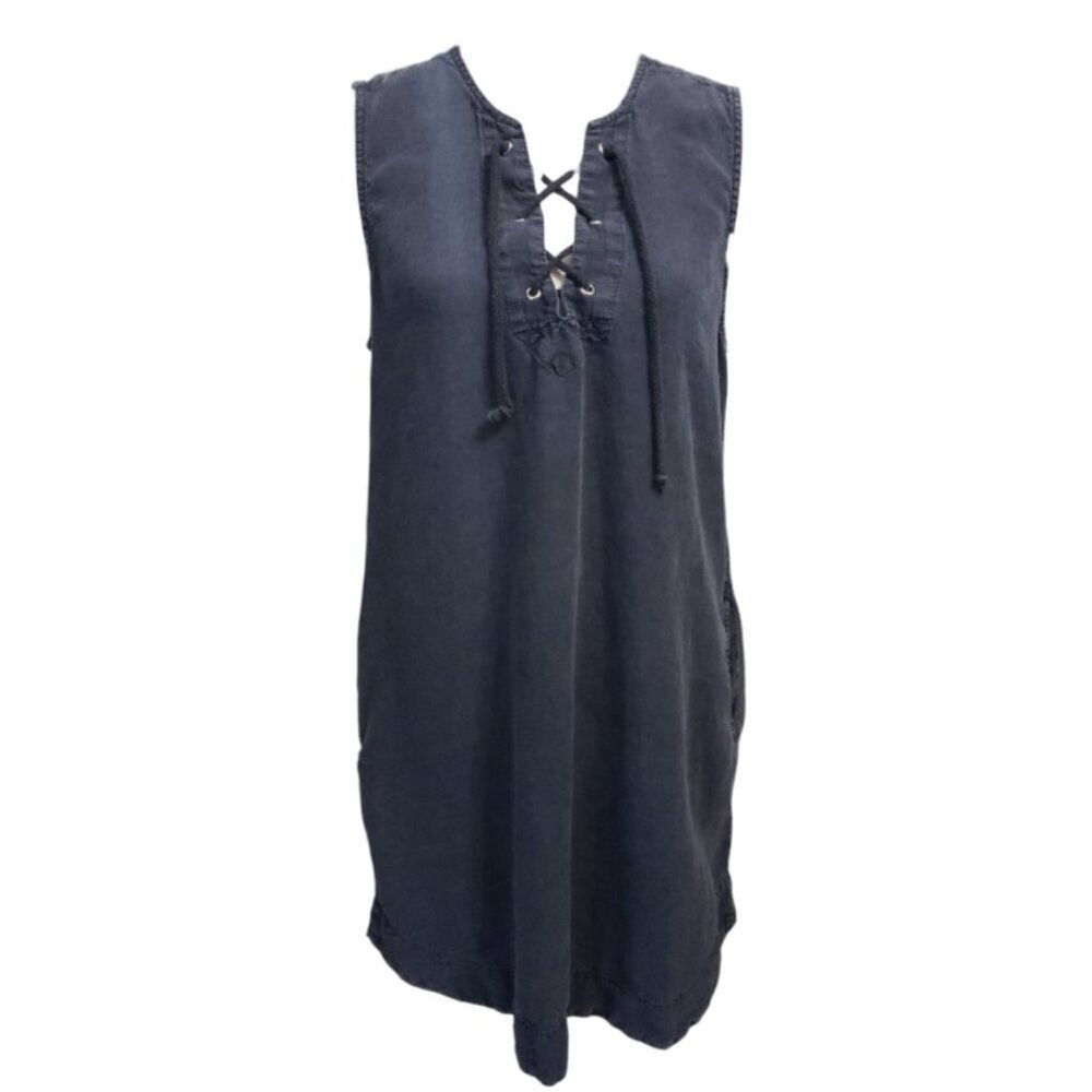 Bella Dahl Women's Dark Wash Denim Tie Up Neck Dress Medium